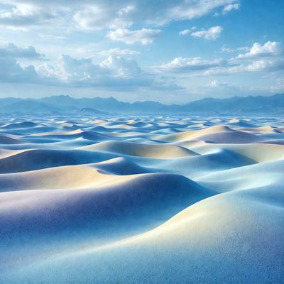 The primary subject of the image is a large body of water, which appears to be a blue ocean. The setting is a vast, open space with a cloudy sky above. The visual style of the image is a combination of photo and digital art, creating a unique and captivating scene. The dominant colors in the image are blue and white, giving the scene a serene and calming atmosphere.